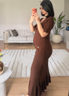 GÜMÜŞ DÜĞMELİ TRİKO ELBİSE - KAHVERENGİ