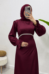 Ahur Taşlı Kolları Fırfırlı Saten Tesettür Abiye- Bordo
