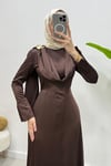 Bonna Broşlu Saten Tesettür Abiye- Kahverengi