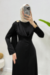 Bonna Broşlu Saten Tesettür Abiye- Siyah