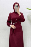 Hüma Taşlı Broşlu Beg Saten Kumaş Tesettür Abiye- Bordo