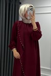 Kadın Krep Kumaş İncili ve Taşlı Nazende Tesettür Elbise- Bordo