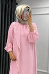 Krep Kumaş Kenarları Taş İşlemeli Nazende Elbise- Şeker Pembe