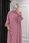 Krep Kumaş Kenarları Taş İşlemeli Nazende Elbise- Pembe