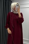 Krep Kumaş Kenarları Taş İşlemeli Nazende Elbise- Bordo
