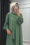 Krep Kumaş Kenarları Taş İşlemeli Nazende Elbise- Mint Yeşili