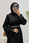Lacel Dantelli Kemeri Taşlı Saten Tesettür Abiye- Siyah