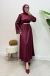 Lacel Dantelli Kemeri Taşlı Saten Tesettür Abiye- Bordo