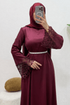 Lacel Dantelli Kemeri Taşlı Saten Tesettür Abiye- Bordo