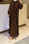 Mihri Krep Kumaş Volanlı Tesettür Elbise- Acı Kahve