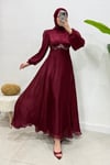 Mosera Janjan Kumaş Beli Taşlı Tesettür Abiye- Bordo
