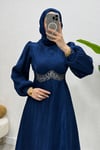 Mosera Janjan Kumaş Beli Taşlı Tesettür Abiye- Lacivert