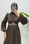 Mosera Janjan Kumaş Beli Taşlı Tesettür Abiye- Acı Kahve