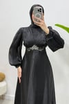 Mosera Janjan Kumaş Beli Taşlı Tesettür Abiye- Siyah