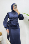 Roya Model Yandan Bağlamalı Saten Abiye-Lacivert