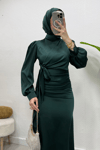Roya Model Yandan Bağlamalı Saten Abiye-Zümrüt
