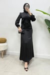 Roya Model Yandan Bağlamalı Saten Abiye-Siyah