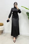 Roya Model Yandan Bağlamalı Saten Abiye-Siyah