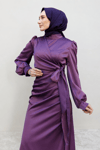 Roya Model Yandan Bağlamalı Saten Abiye-Lila