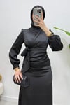 Roya Model Yandan Bağlamalı Saten Abiye-Siyah