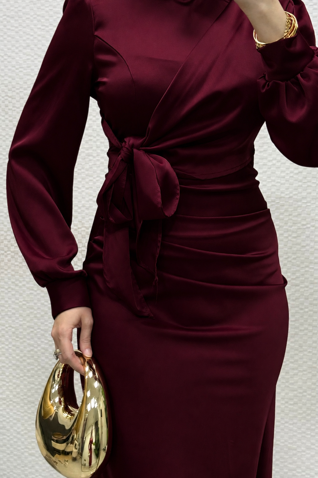 Roya Model Yandan Bağlamalı Saten Abiye-Bordo