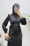 Roya Model Yandan Bağlamalı Saten Abiye-Siyah