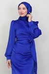 Roya Model Yandan Bağlamalı Saten Tesettür Abiye- Saks Mavi