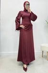 Sahra Taş Püsküllü Saten Kumaş Tesettür Abiye- Bordo