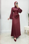 Sahra Taş Püsküllü Saten Kumaş Tesettür Abiye- Bordo