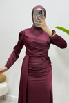 Samar Kuyruklu Saten Tesettür Abiye- Bordo