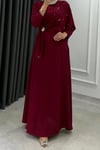 Zahide Taşlı Broşlu Krep Kumaş Tesettür Abiye- Bordo
