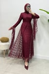 Zelal Kuşaklı Dantel Tesettür Abiye- Bordo