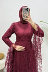 Zelal Kuşaklı Dantel Tesettür Abiye- Bordo