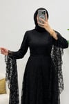 Zelal Kuşaklı Dantel Tesettür Abiye- Siyah