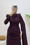 Zerina Taşlı Pelerinli Krep Kumaş Tesettür Abiye- Mürdüm