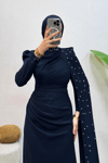 Zerina Taşlı Pelerinli Krep Kumaş Tesettür Abiye- Lacivert