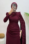 Zerina Taşlı Pelerinli Krep Kumaş Tesettür Abiye- Bordo