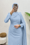 Zerina Taşlı Pelerinli Krep Kumaş Tesettür Abiye- Bebe Mavisi
