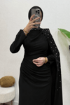 Zerina Taşlı Pelerinli Krep Kumaş Tesettür Abiye- Siyah