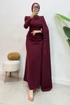 Zerina Taşlı Pelerinli Krep Kumaş Tesettür Abiye- Bordo