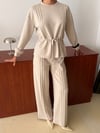 Bağcıklı Bel Geniş Paça Pantolon Takım - Ekru
