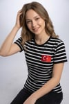 Kadın Slim Fit Dar Kesim Türk Bayrağı Baskılı Siyah Beyaz Çizgili Kısa Kollu Tişört
