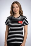 Kadın Slim Fit Dar Kesim Türk Bayrağı Baskılı Siyah Beyaz Çizgili Kısa Kollu Tişört
