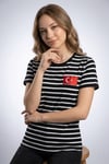 Kadın Slim Fit Dar Kesim Türk Bayrağı Baskılı Siyah Beyaz Çizgili Kısa Kollu Tişört