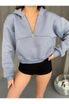 Mavi Crop Top Kalın Kumaş Yarım Fermuarlı Kapüşonlu Hırka