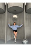 Mavi Crop Top Kalın Kumaş Yarım Fermuarlı Kapüşonlu Hırka