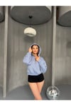 Mavi Crop Top Kalın Kumaş Yarım Fermuarlı Kapüşonlu Hırka