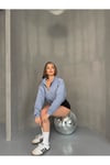 Mavi Crop Top Kalın Kumaş Yarım Fermuarlı Kapüşonlu Hırka
