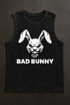 Siyah Erkek Pamuklu Antrenman Sporcu Atleti Oversize Yıkamalı Bad Bunny Baskılı Kolsuz T-Shirt