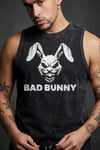 Siyah Erkek Pamuklu Antrenman Sporcu Atleti Oversize Yıkamalı Bad Bunny Baskılı Kolsuz T-Shirt